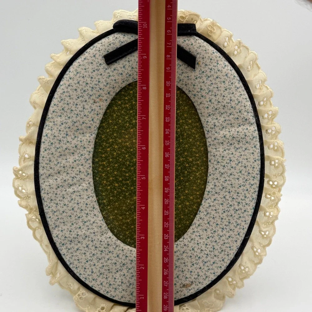 Vintage Russ Berri Fabric Picture Frame Oval Floral Calico Lace Trim Cottagecore